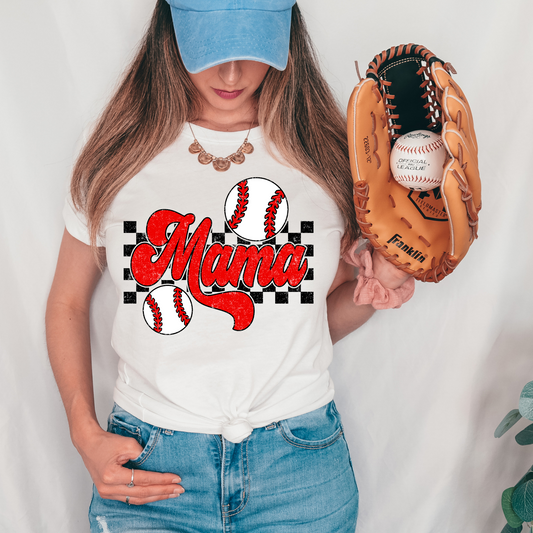 Checkered Baseball Mama Red DTF Transfer