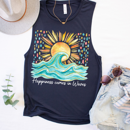 Happiness Comes in Waves White Font Summer DTF Transfers
