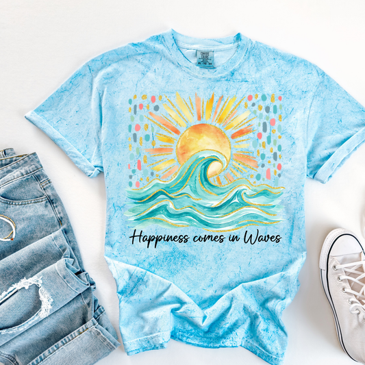 Happiness Comes in Waves Black Font Summer DTF Transfers