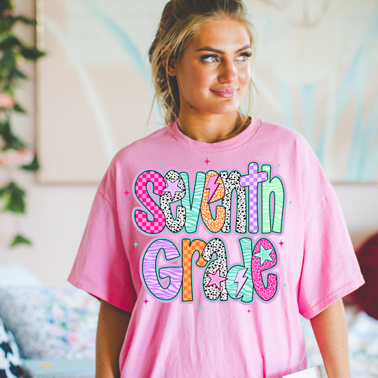 Seventh Grade Retro Pink Stars DTF Transfers
