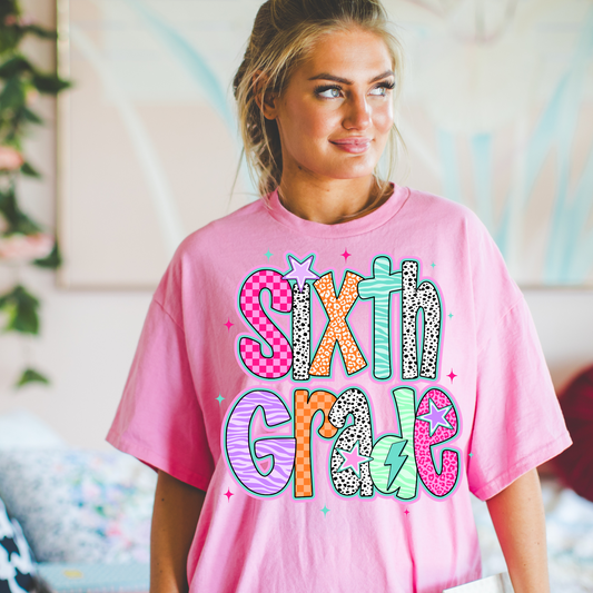 Sixth Grade Retro Pink Stars DTF Transfers