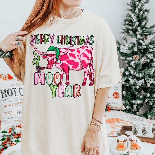 Merry Christmas & Happy Moo Year Pink DTF Transfer