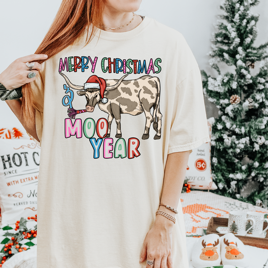Merry Christmas & Happy Moo Year Neutral Rainbow DTF Transfer