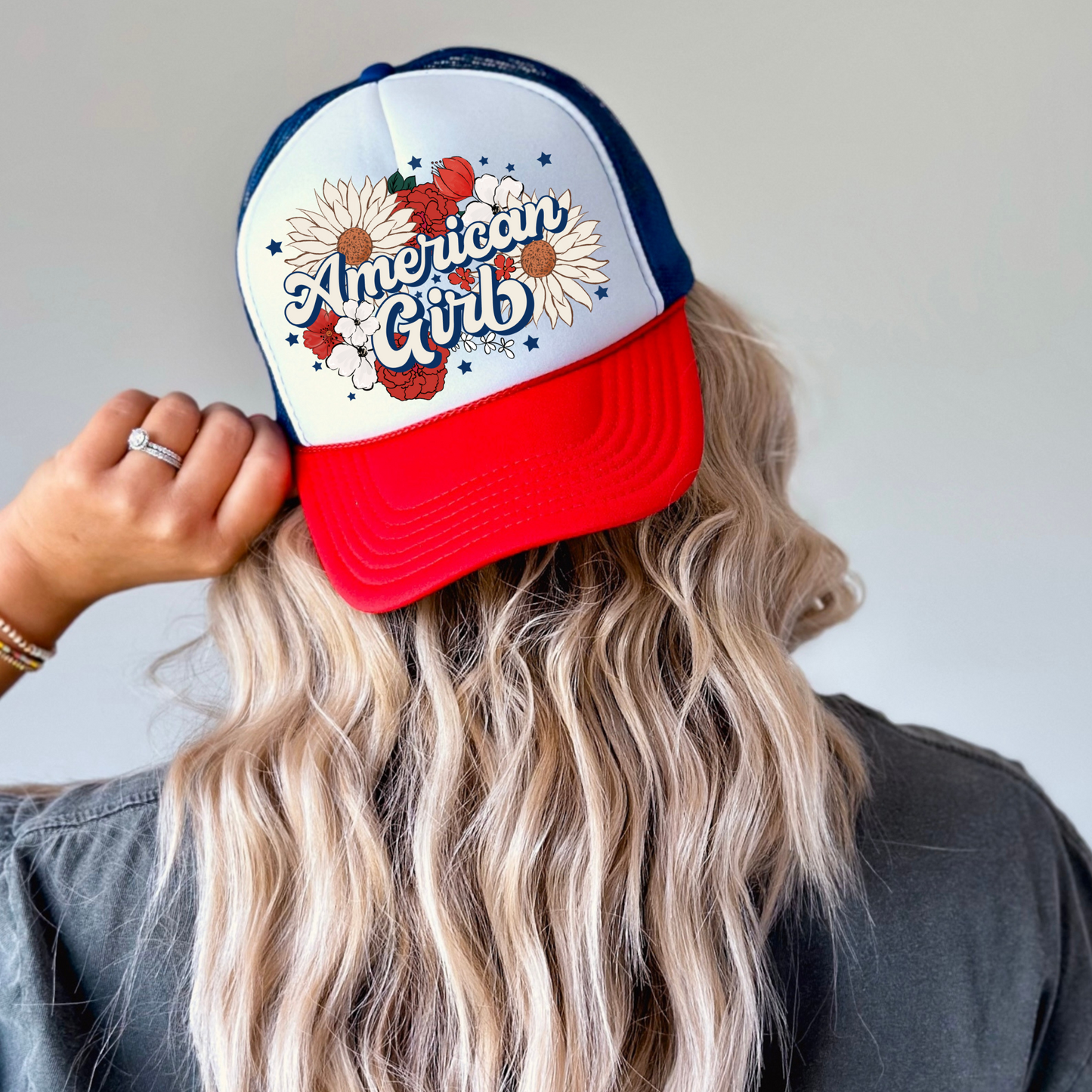 Floral American Girl DTF Transfer for Trucker Hat