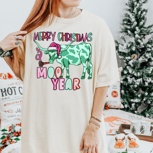 Merry Christmas & Happy Moo Year Teal DTF Transfer
