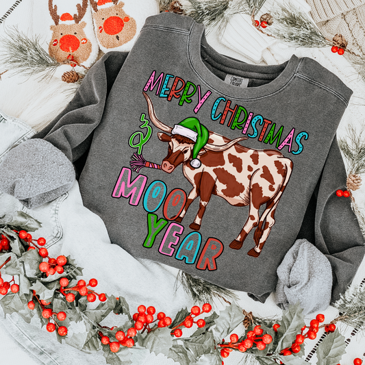 Merry Christmas & Happy Moo Year Bright Rainbow DTF Transfer