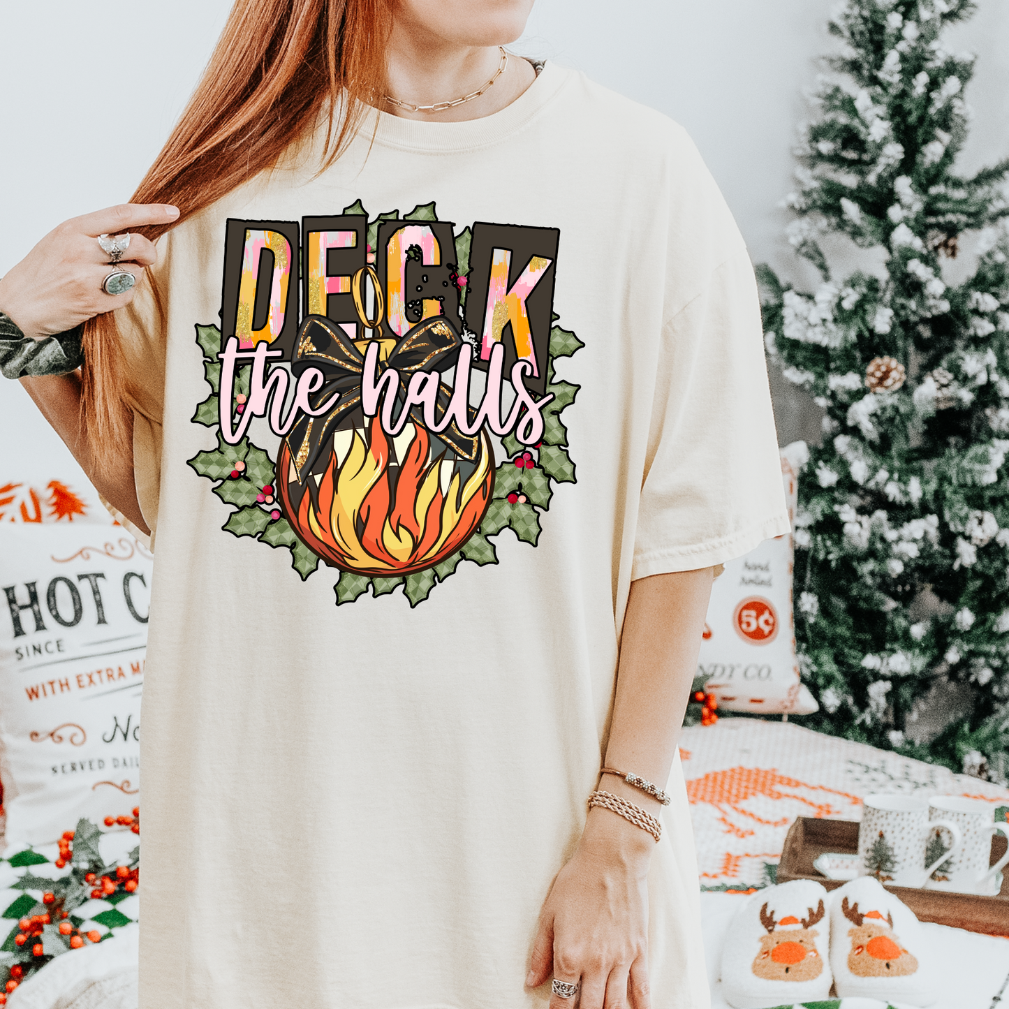 Deck the Halls Brushstroke Fire Pink Christmas DTF Transfer