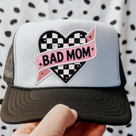 Bad Mom Checkered Faux Embroidery DTF Transfer for Hat (NOT A PATCH)
