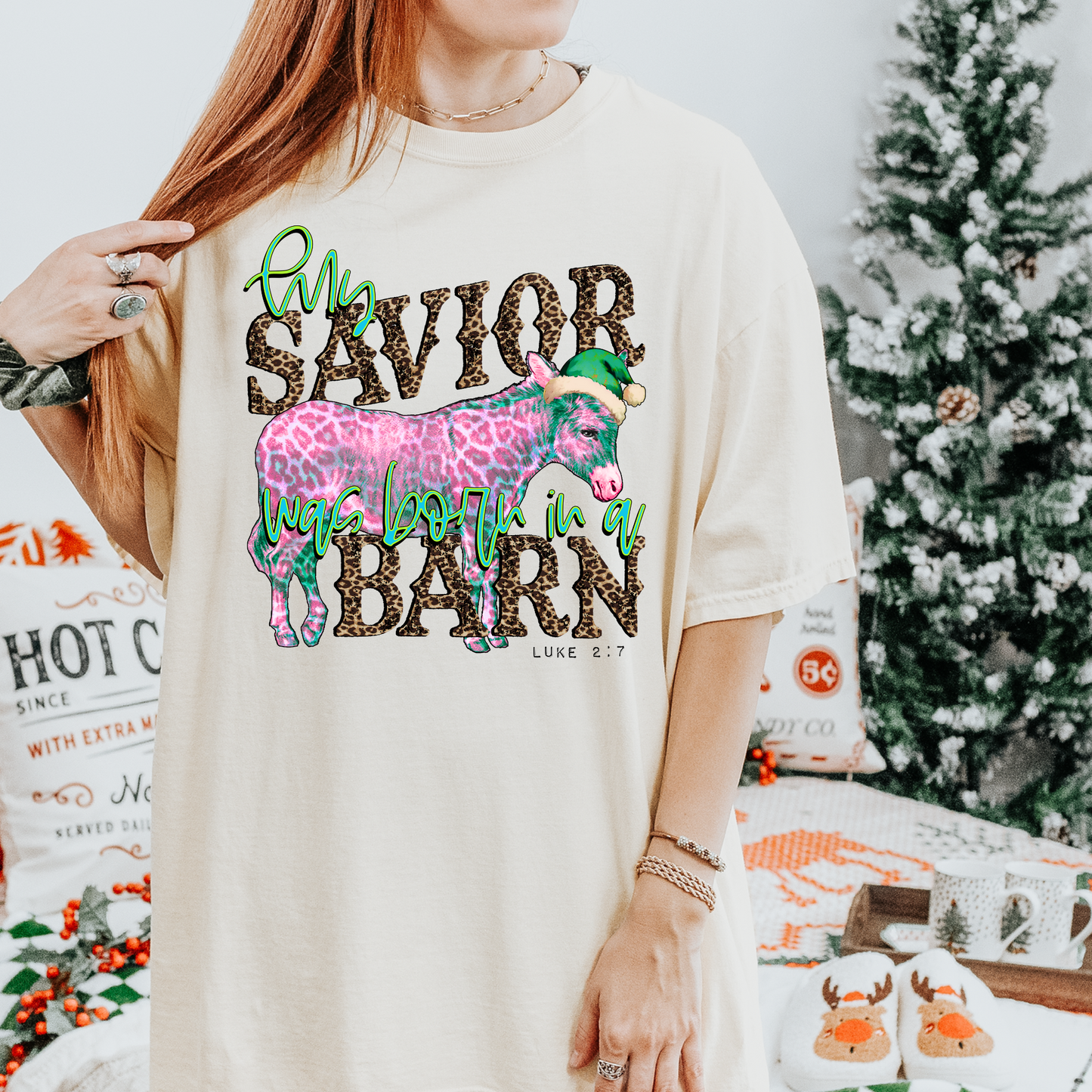 The Savior was Born in a Barn Teal Christmas DTF Transfer