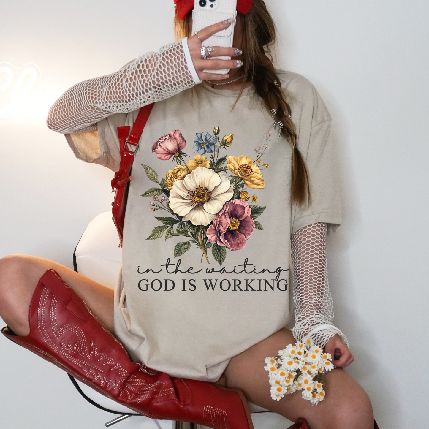 In the Waiting, God is Working Black Font DTF Transfer