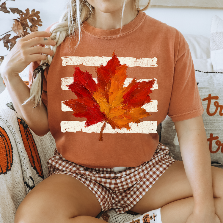 Maple Leaf Striped White Fall DTF Transfer