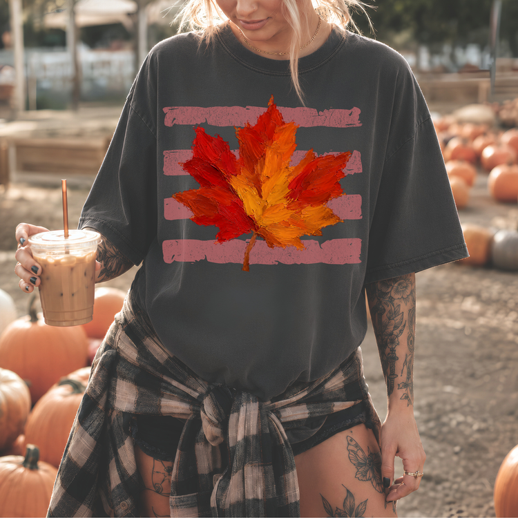 Maple Leaf Striped Maroon Fall DTF Transfer