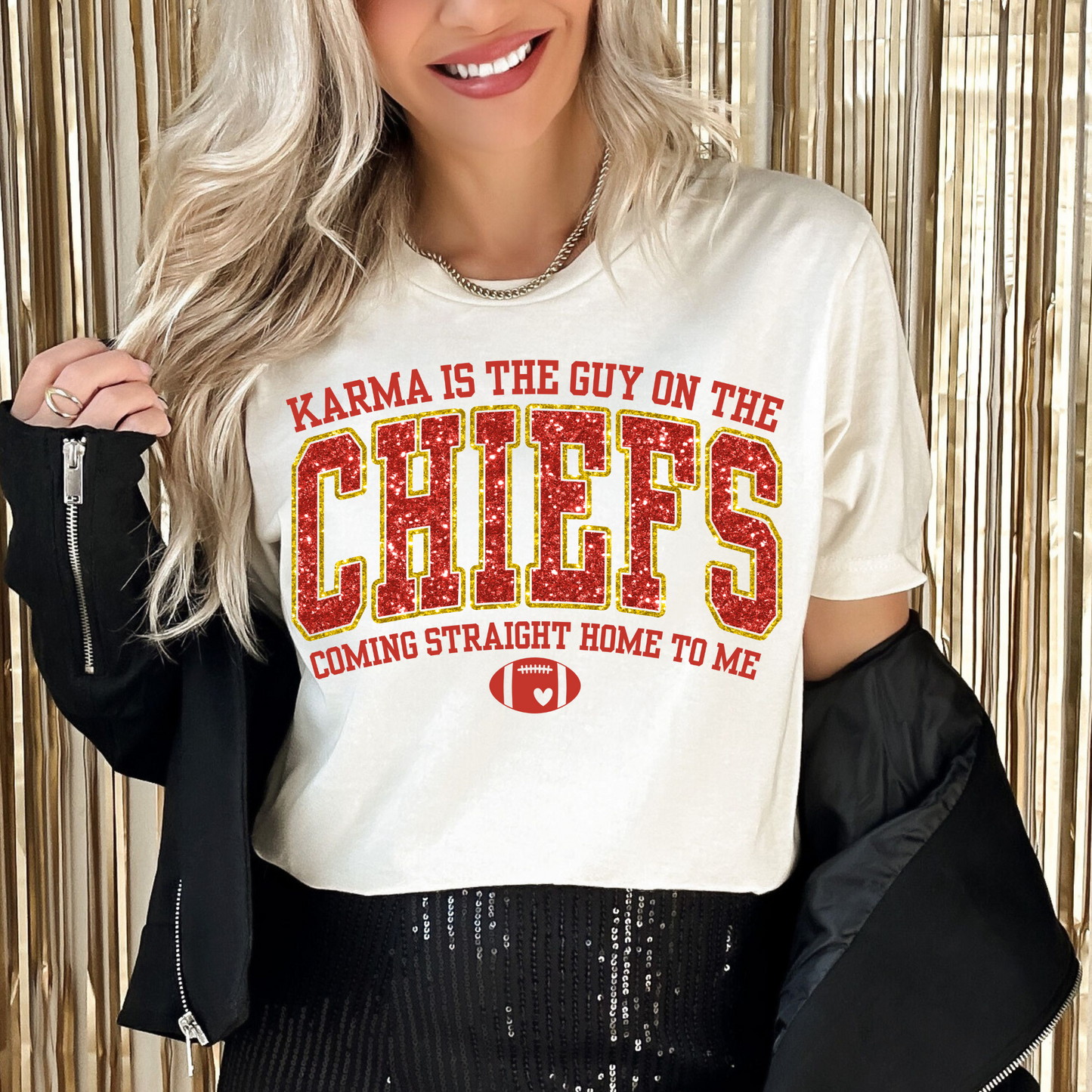 Karma is the Guy on the Chiefs Faux Glitter DTF Transfer