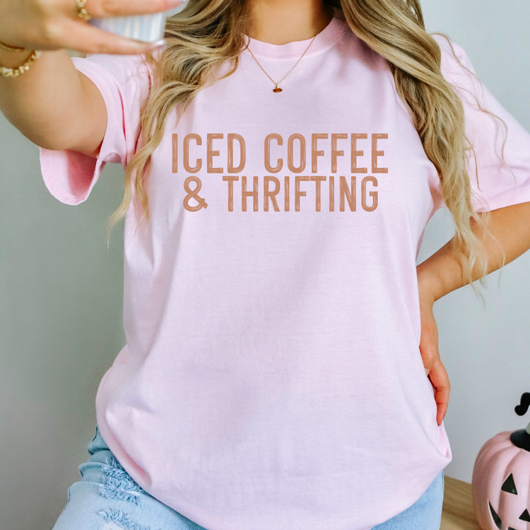Iced Coffee & Thrifting Distressed Tan Font PNG Digital Download