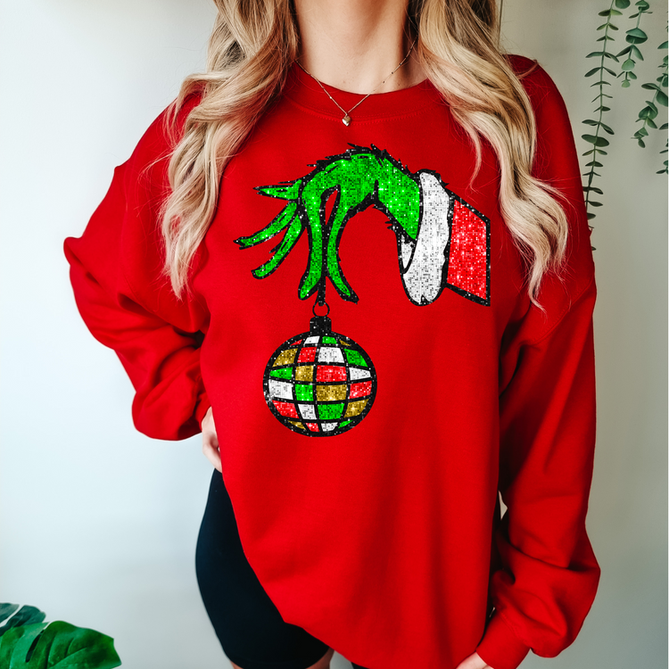 Green/Red Disco Ball, Furry Hand Faux Sequin Christmas DTF Transfer