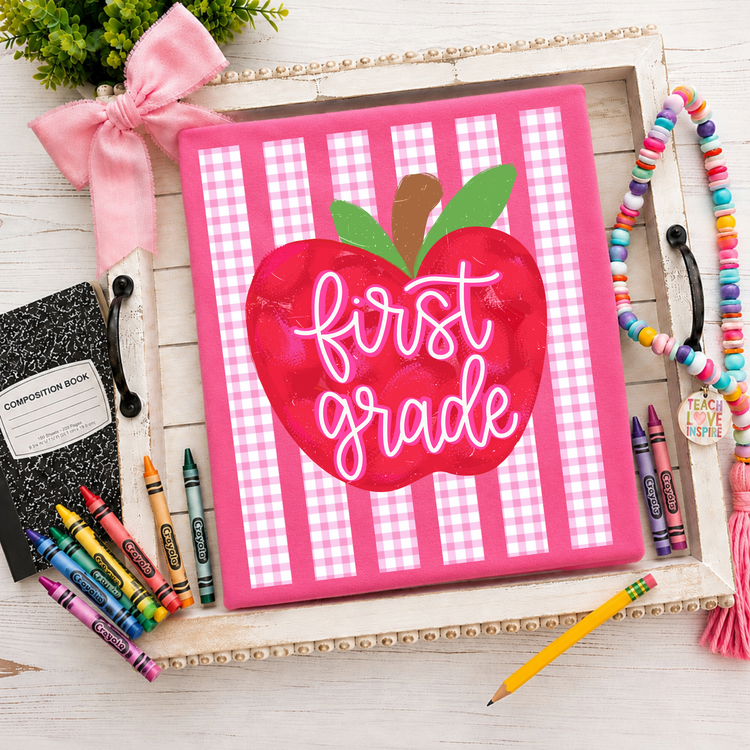 First Grade Pink Apple Stripes Back to School DTF Transfer