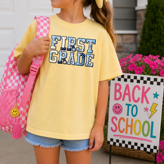 First Grade Blue Patchwork Back to School DTF Transfer