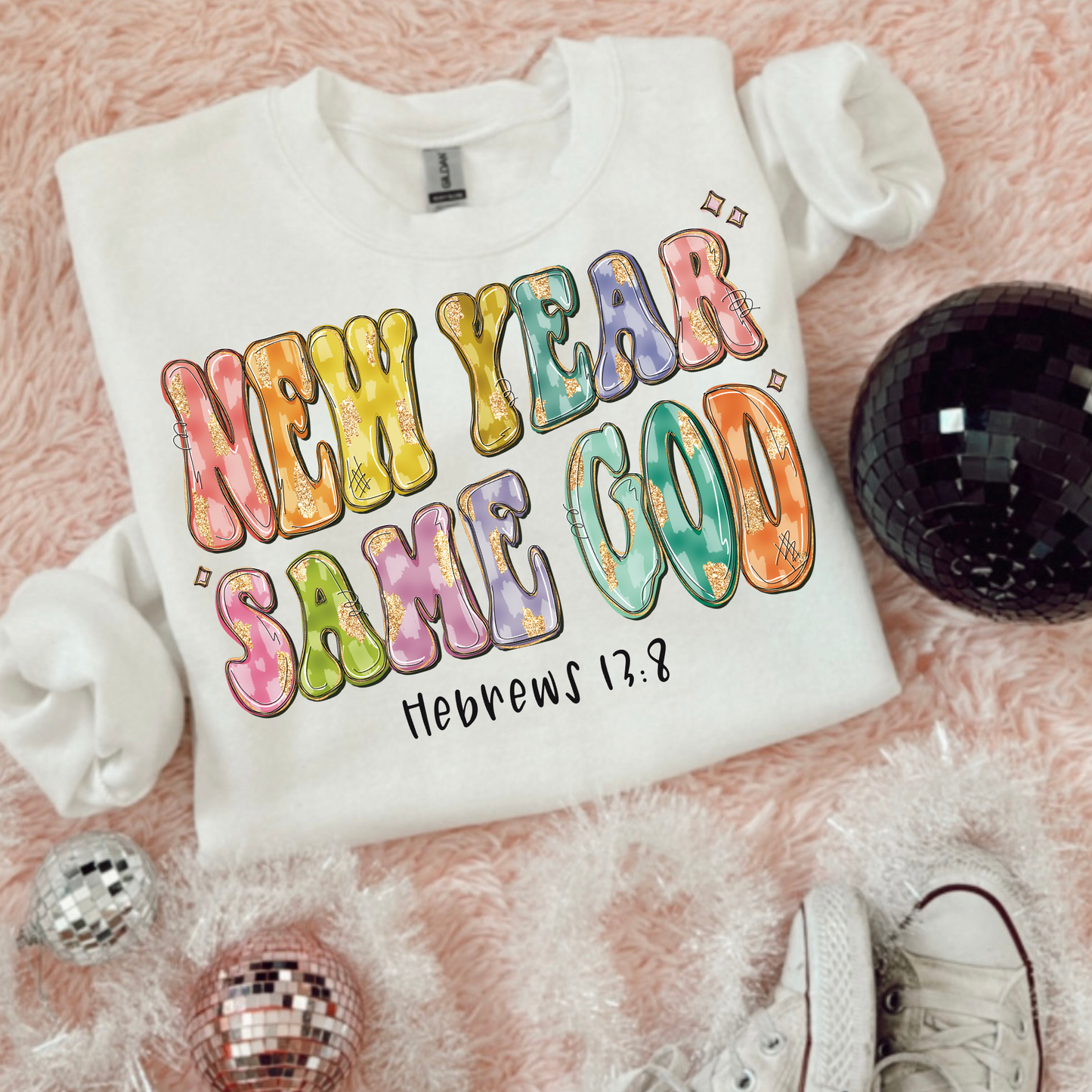 New Year, Same God Black Font Glitter Brushstroke DTF Transfer