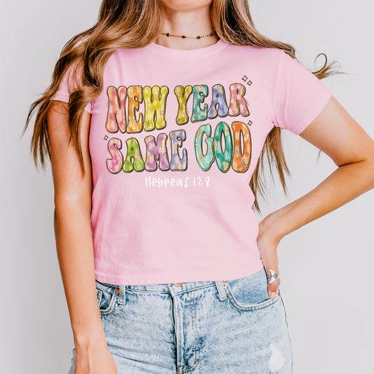 New Year, Same God White Font Glitter Brushstroke DTF Transfer