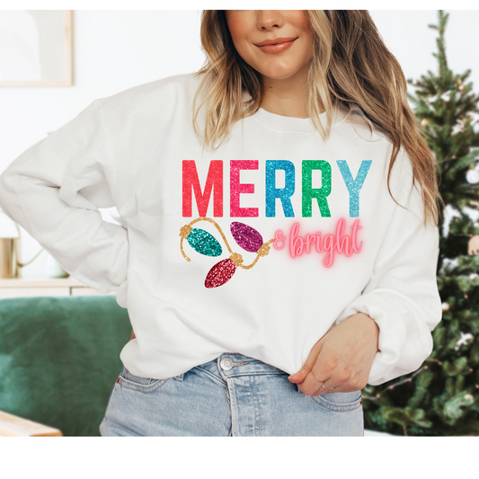Merry & Bright Christmas Lights Faux Glitter DTF Transfer