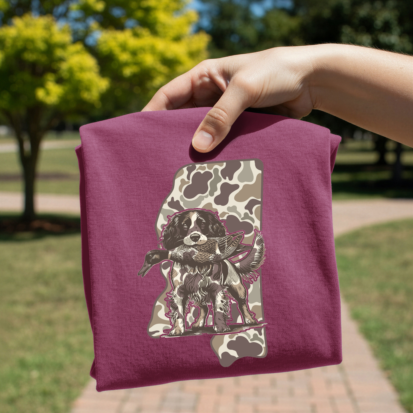 Camo Mississippi Spaniel Hunt DTF Transfer