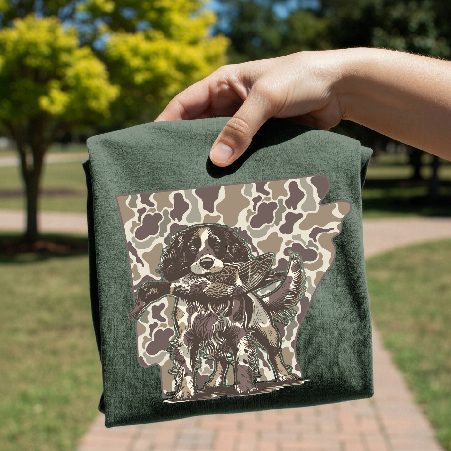 Camo Arkansas Spaniel Hunt DTF Transfer