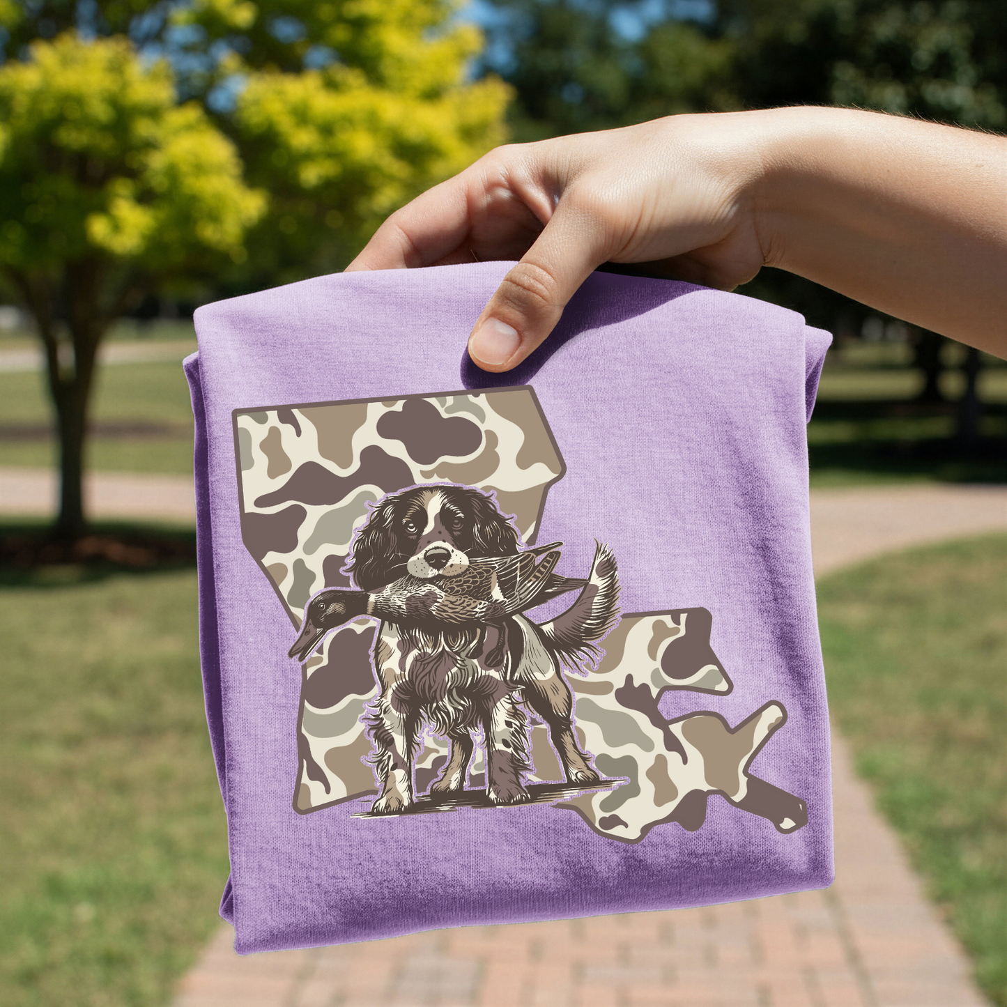 Camo Louisiana Spaniel Hunt DTF Transfer