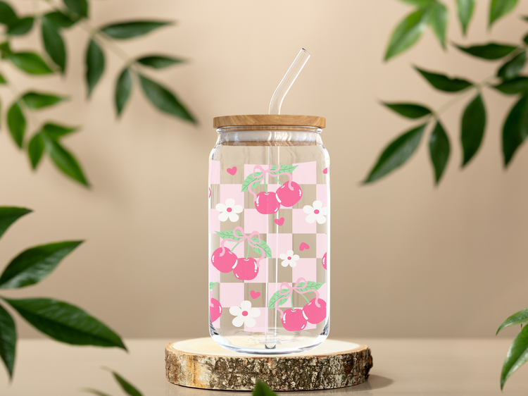 Cherry Checkered UV DTF 16oz. Libby Glass DTF Wrap