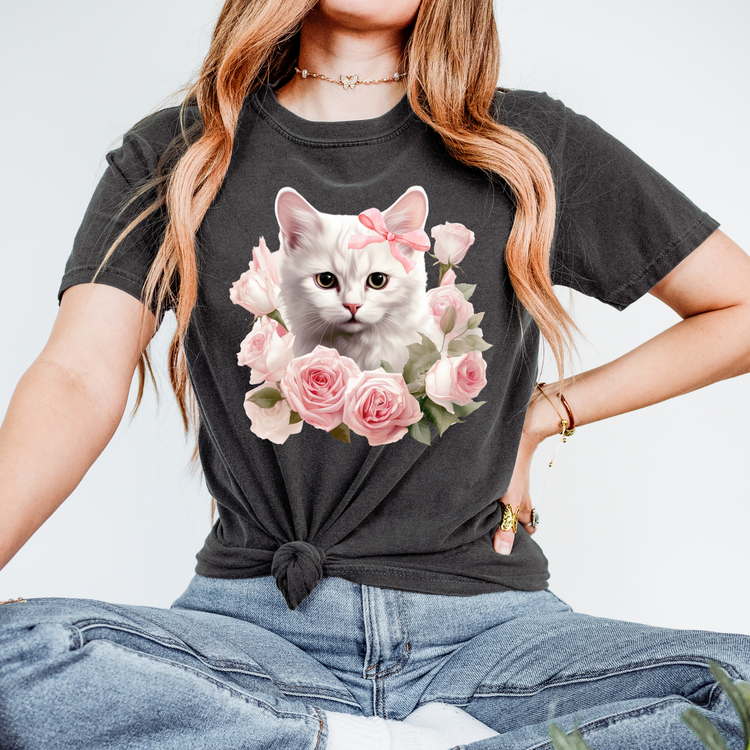 Cat With Pink Roses DTF Transfer