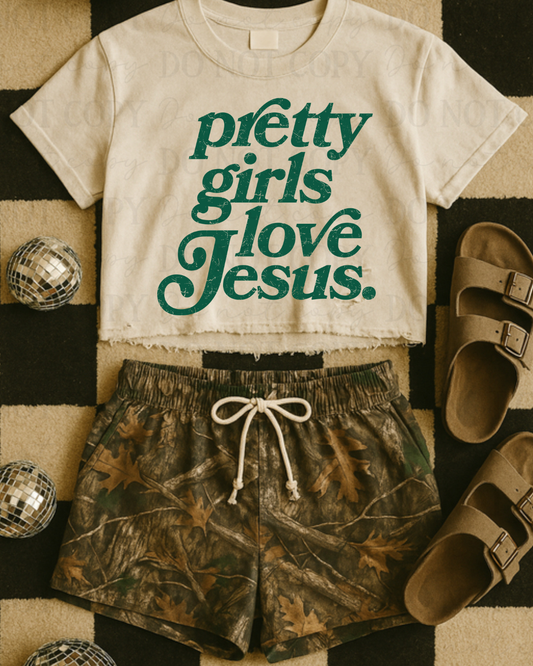 Distressed Pretty Girls Love Jesus (Green) DTF Transfer