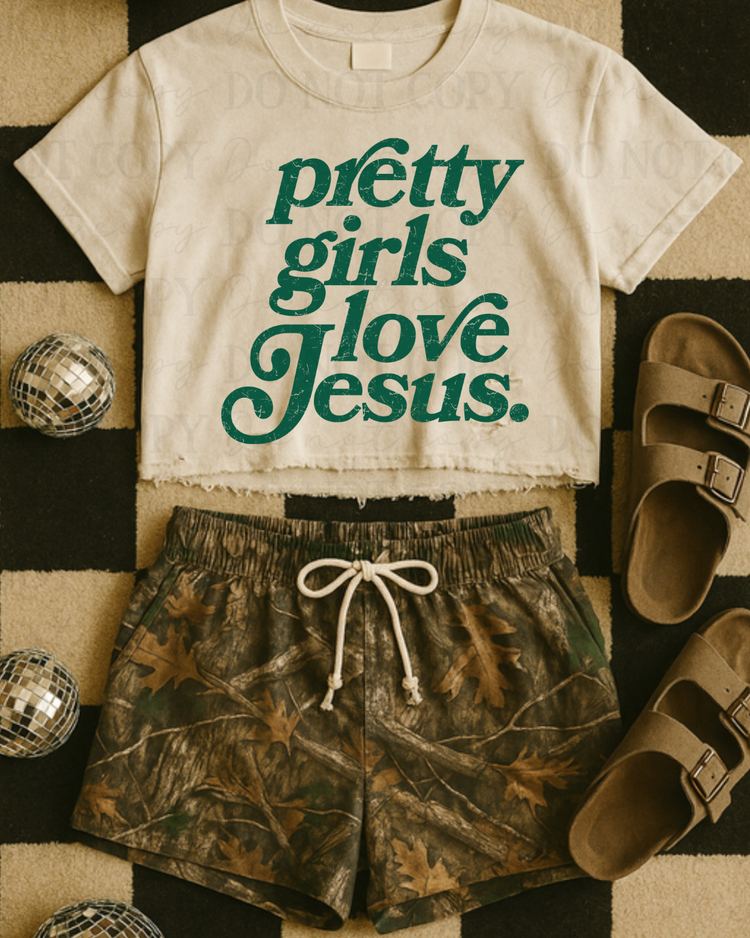 Distressed Pretty Girls Love Jesus (Green) DTF Transfer