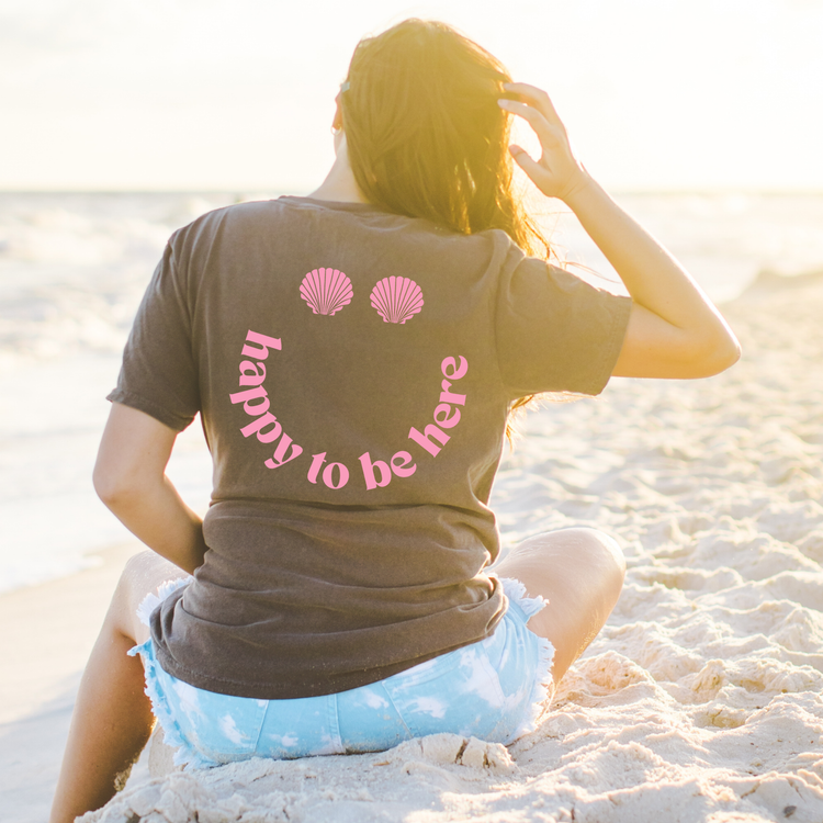 Happy to Be Here Seashell Beach Single Color Screen Print Transfer