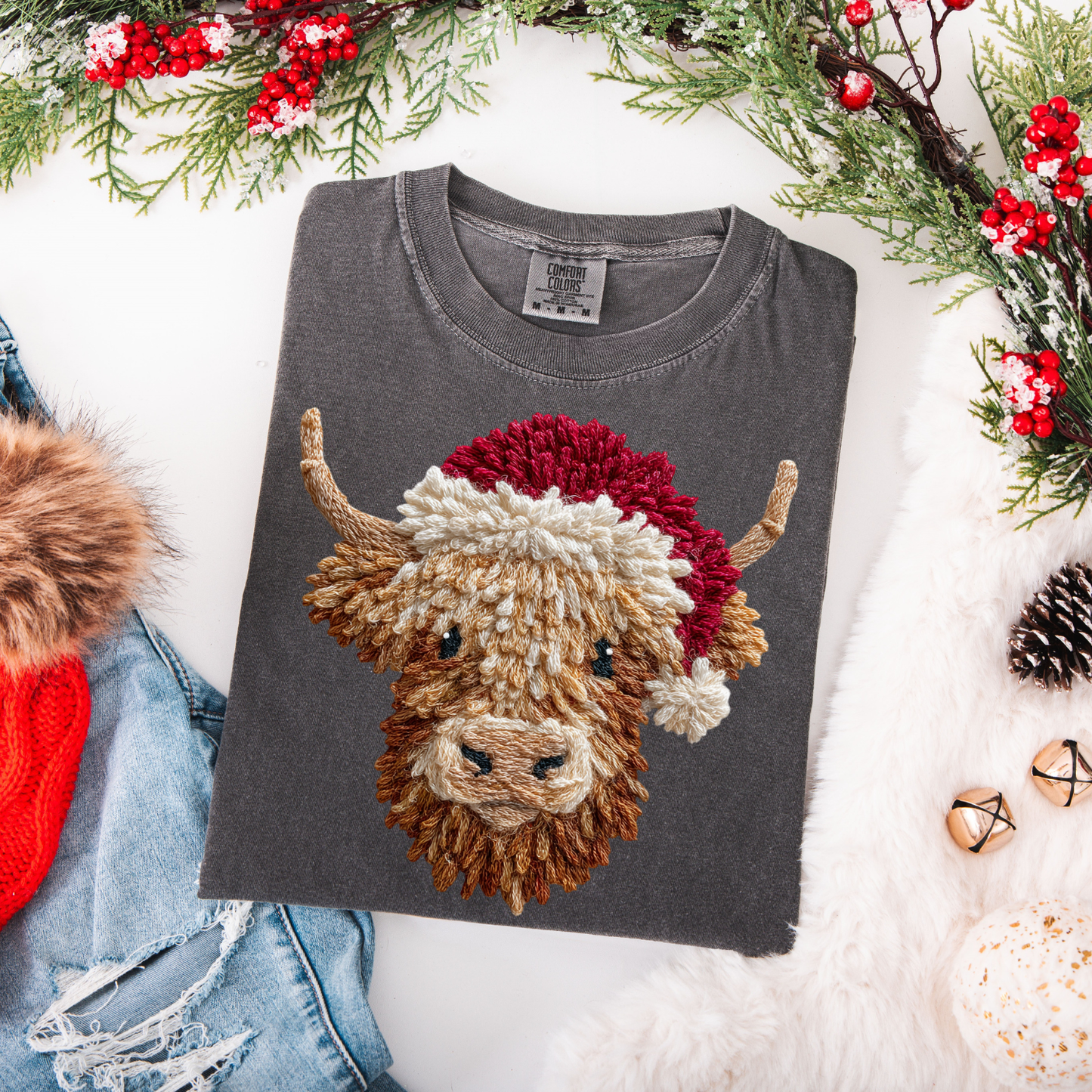 Faux Yarn Christmas Highland Cow DTF Transfer