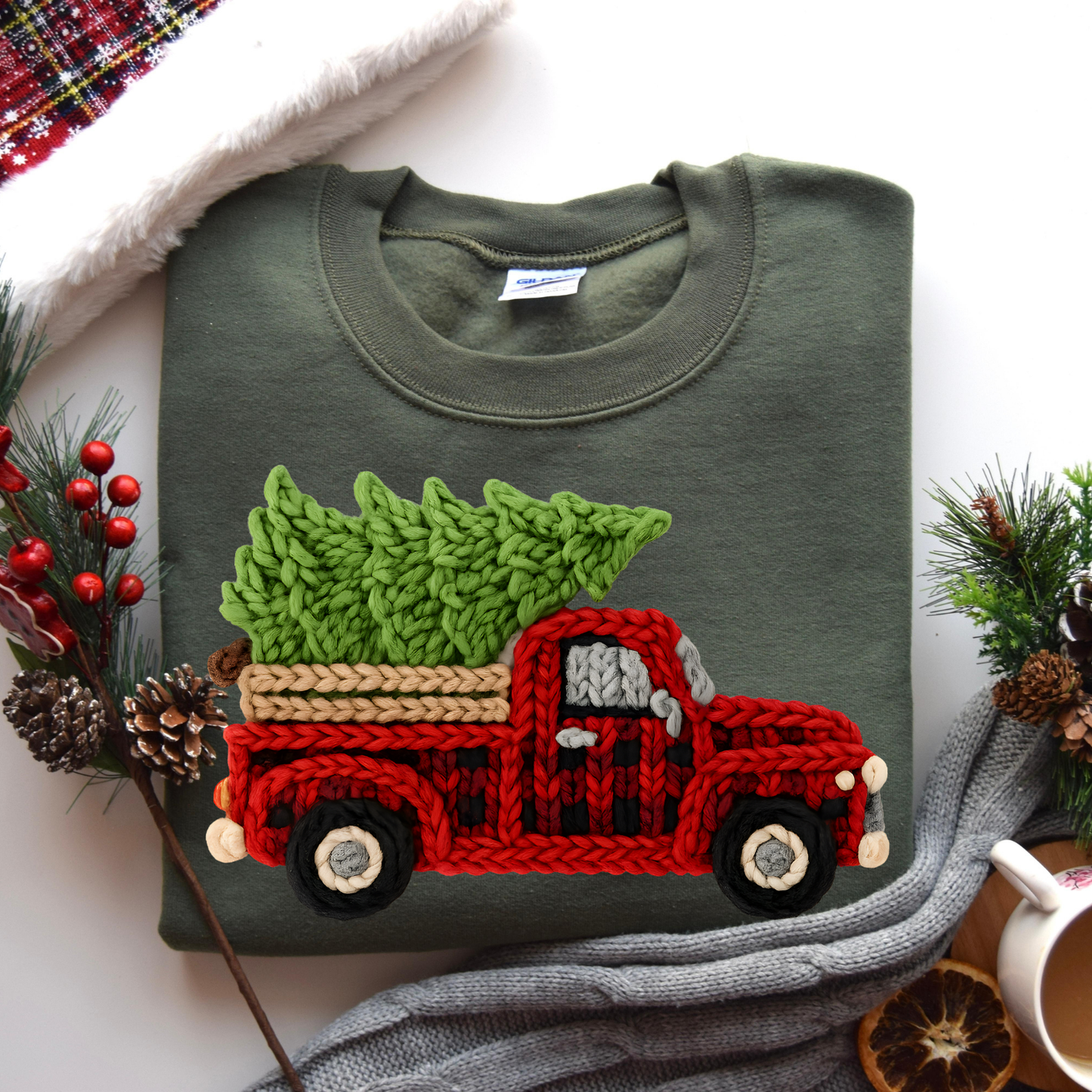 Faux Yarn Christmas Plaid Truck DTF Transfer