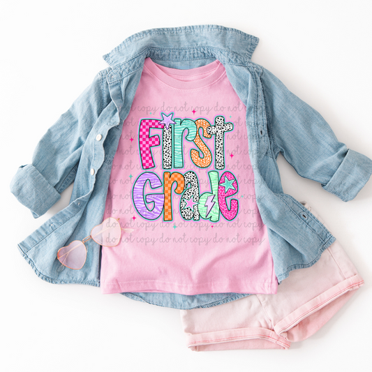 First Grade Retro Pink Stars DTF Transfers