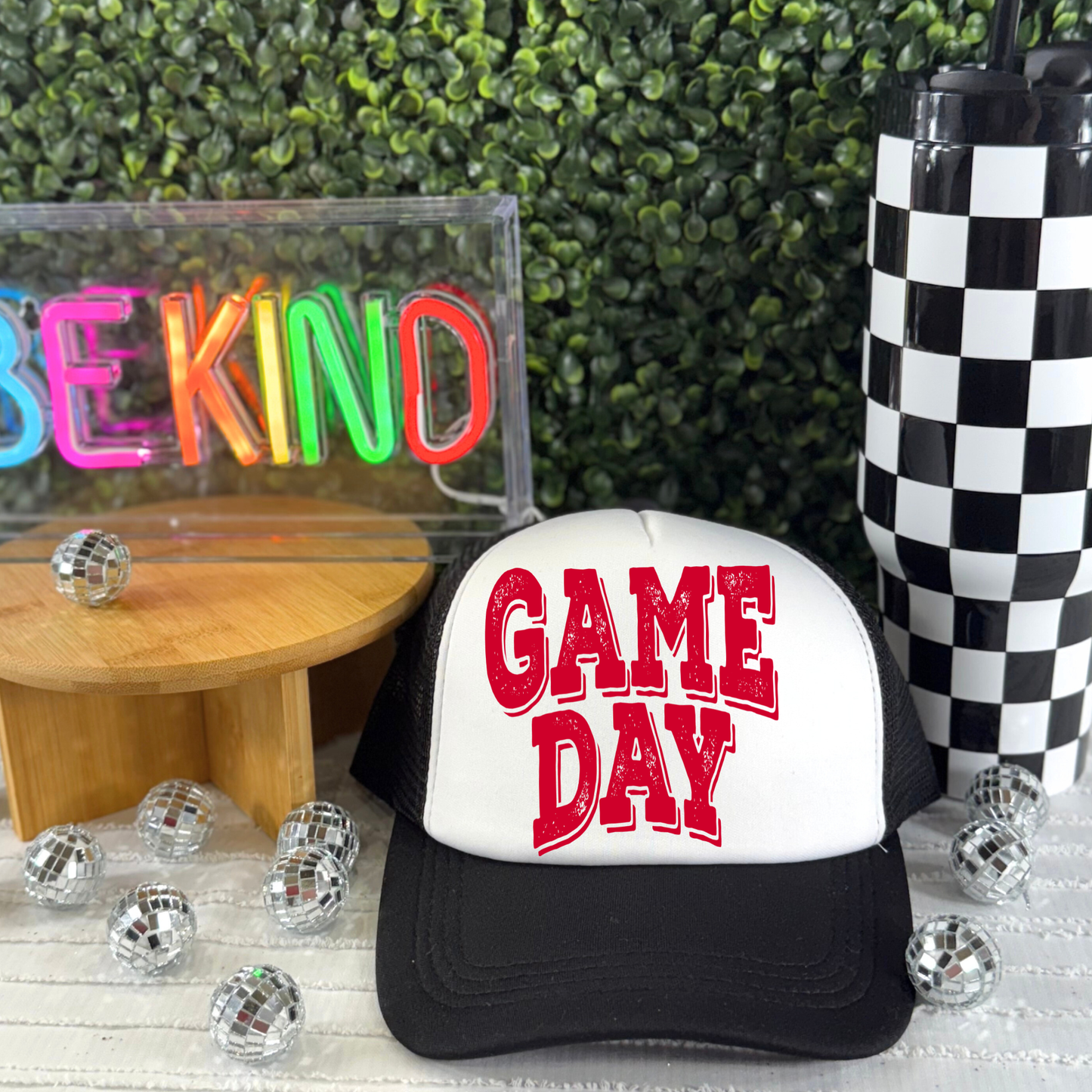 Game Day Red Trucker Hat/Oversized Pocket Clear Film Screen Print Transfer