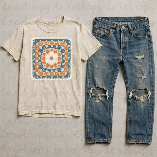 White Floral Granny Square DTF Transfer