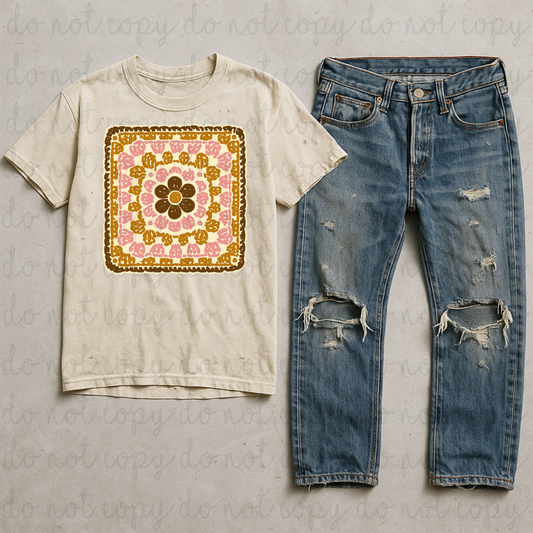 Light Floral Granny Square DTF Transfer