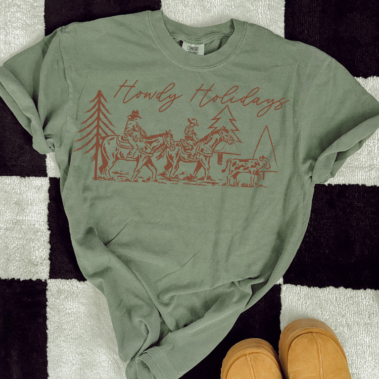 Howdy Holidays Western Christmas Single Color Screen Print Transfer