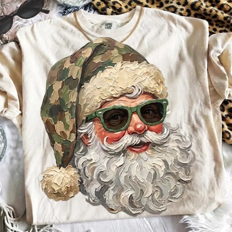 Camo Santa with Glasses Faux Painted Christmas DTF Transfer