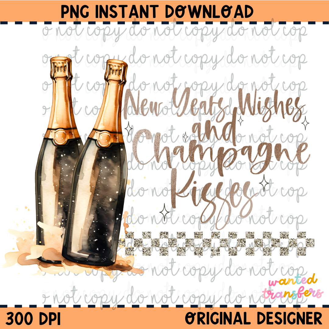 New Years Wishes, Champagne Kisses PNG Digital Download