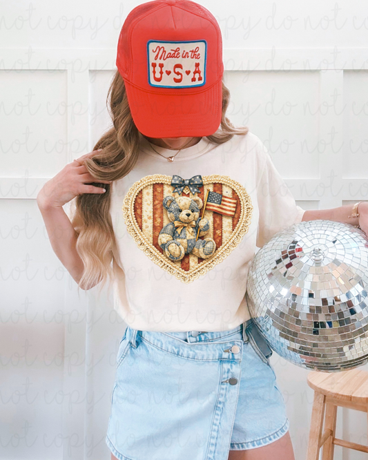 Faux Patchwork Patriotic Bear DTF Transfer