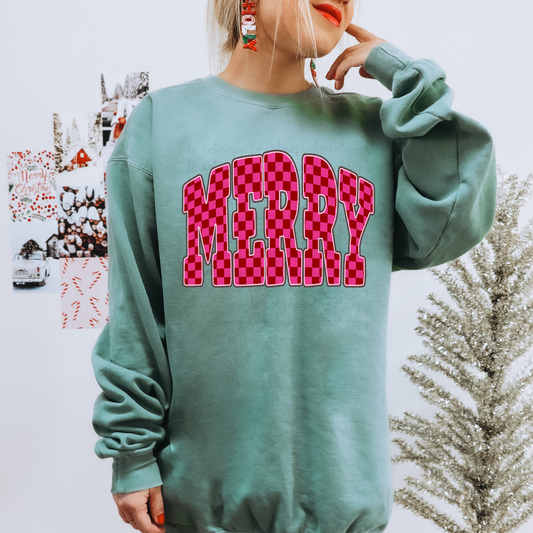 Pink Checkered Merry DTF Transfer