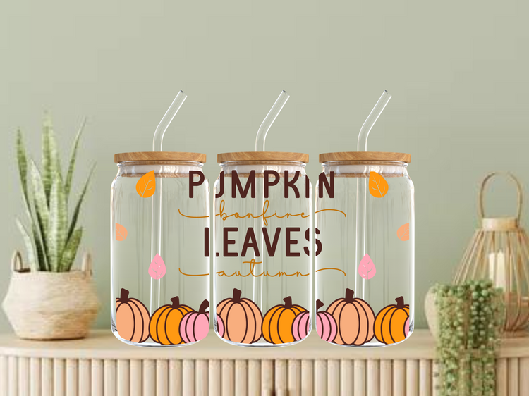 Pumpkin Leaves Bonfires Autumn UV DTF 16oz. Libby Glass DTF Wrap