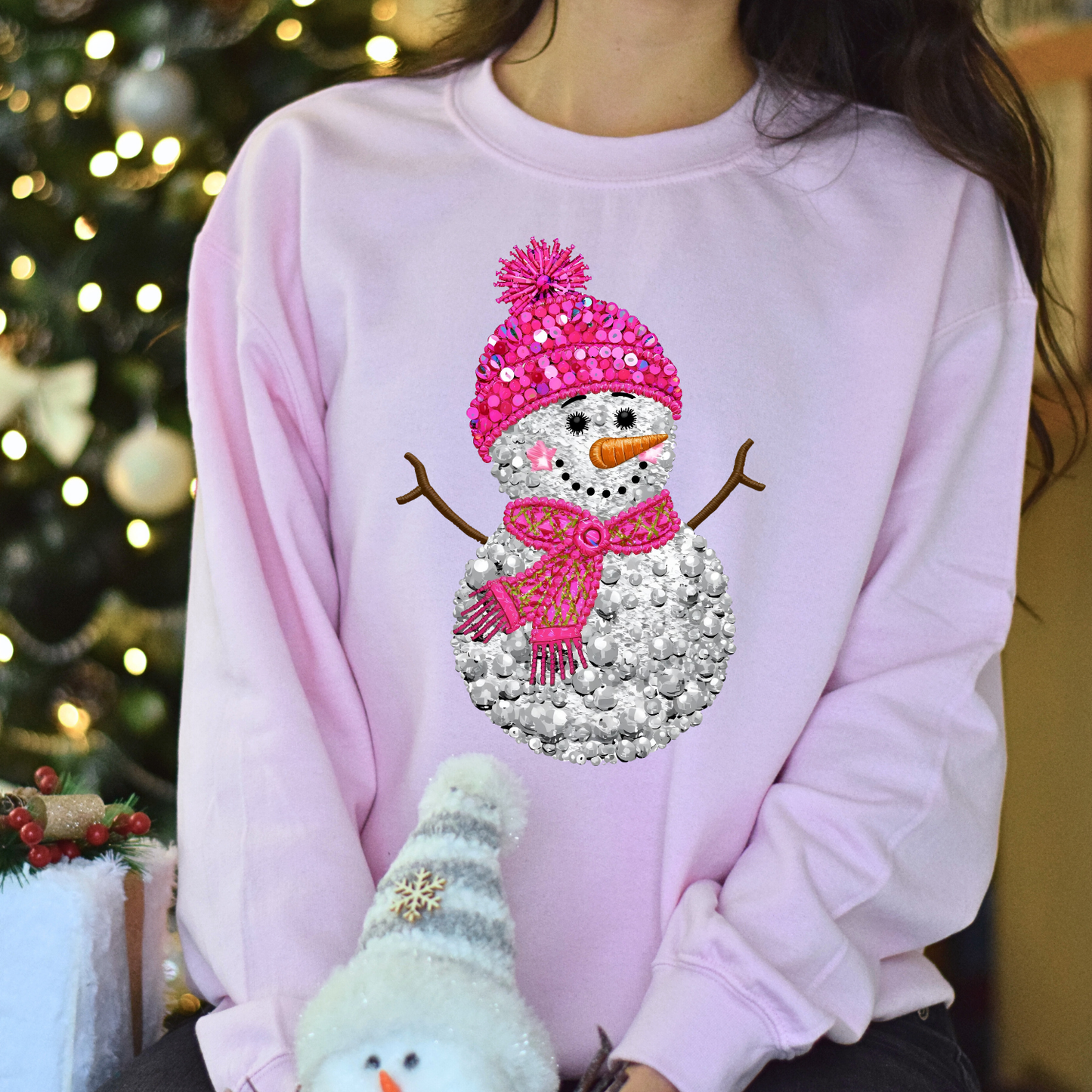 Faux Pink Diamond Sequin Snowman DTF Transfer
